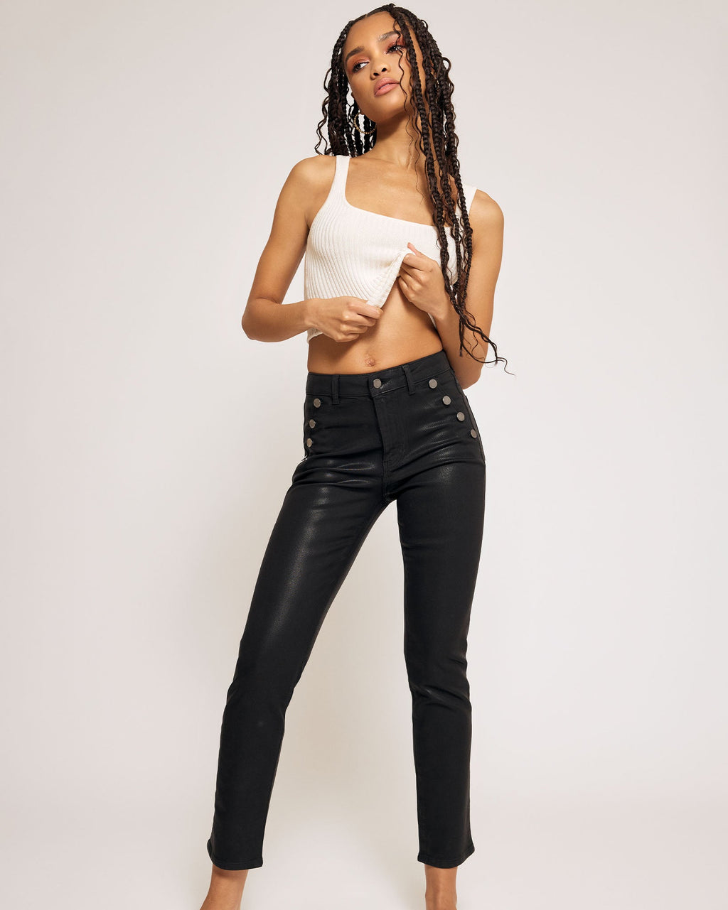 Figure-Hugging Coated Denim with Sleek Shine