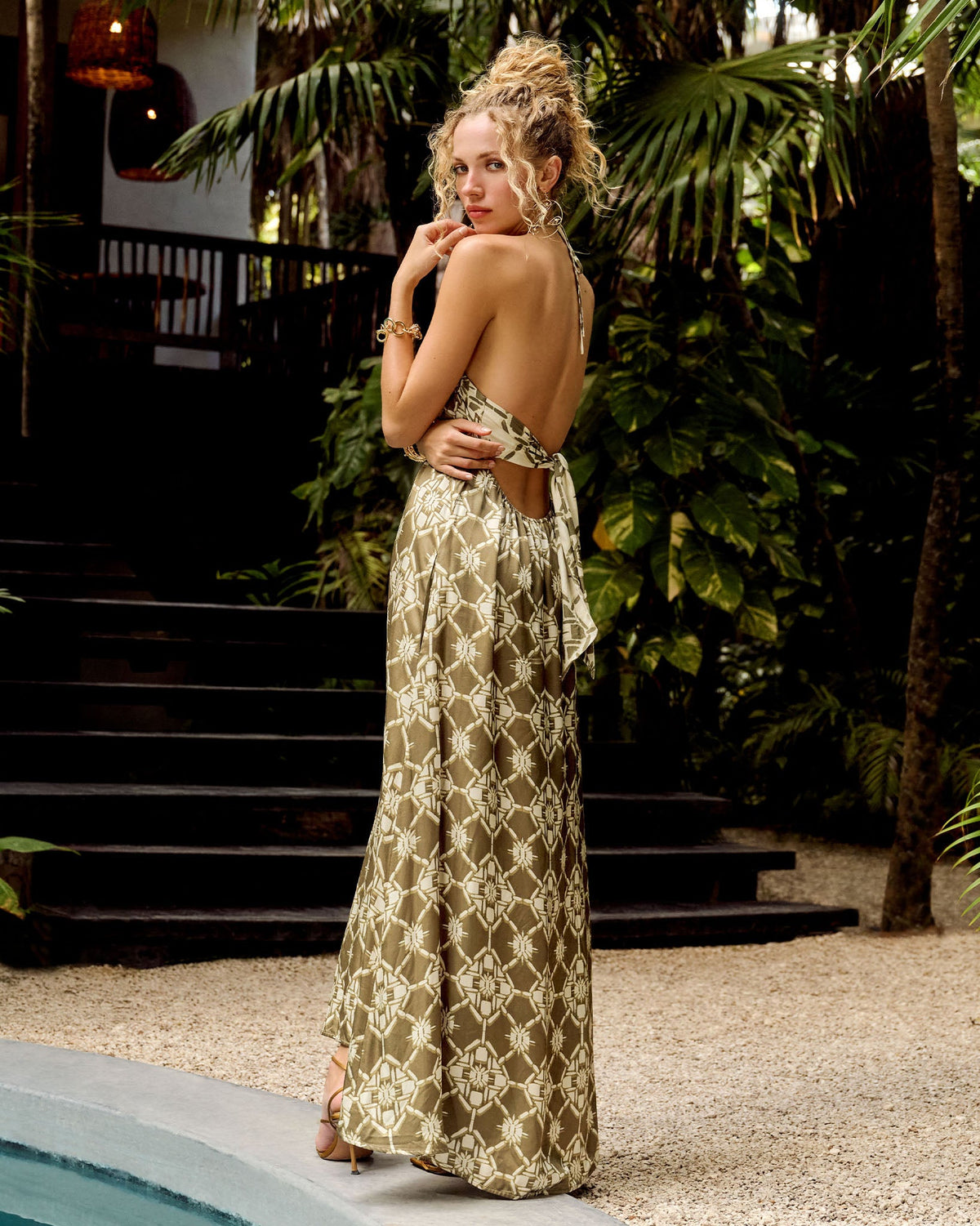 Halter Open Back Olive Maxi Dress
