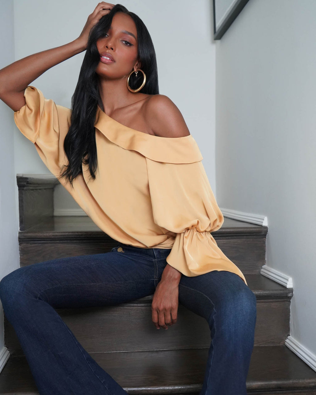 Luxe Satin Off-Shoulder Top with Billowing Sleeves