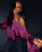 Luxe Satin Off-Shoulder Top with Billowing Sleeves