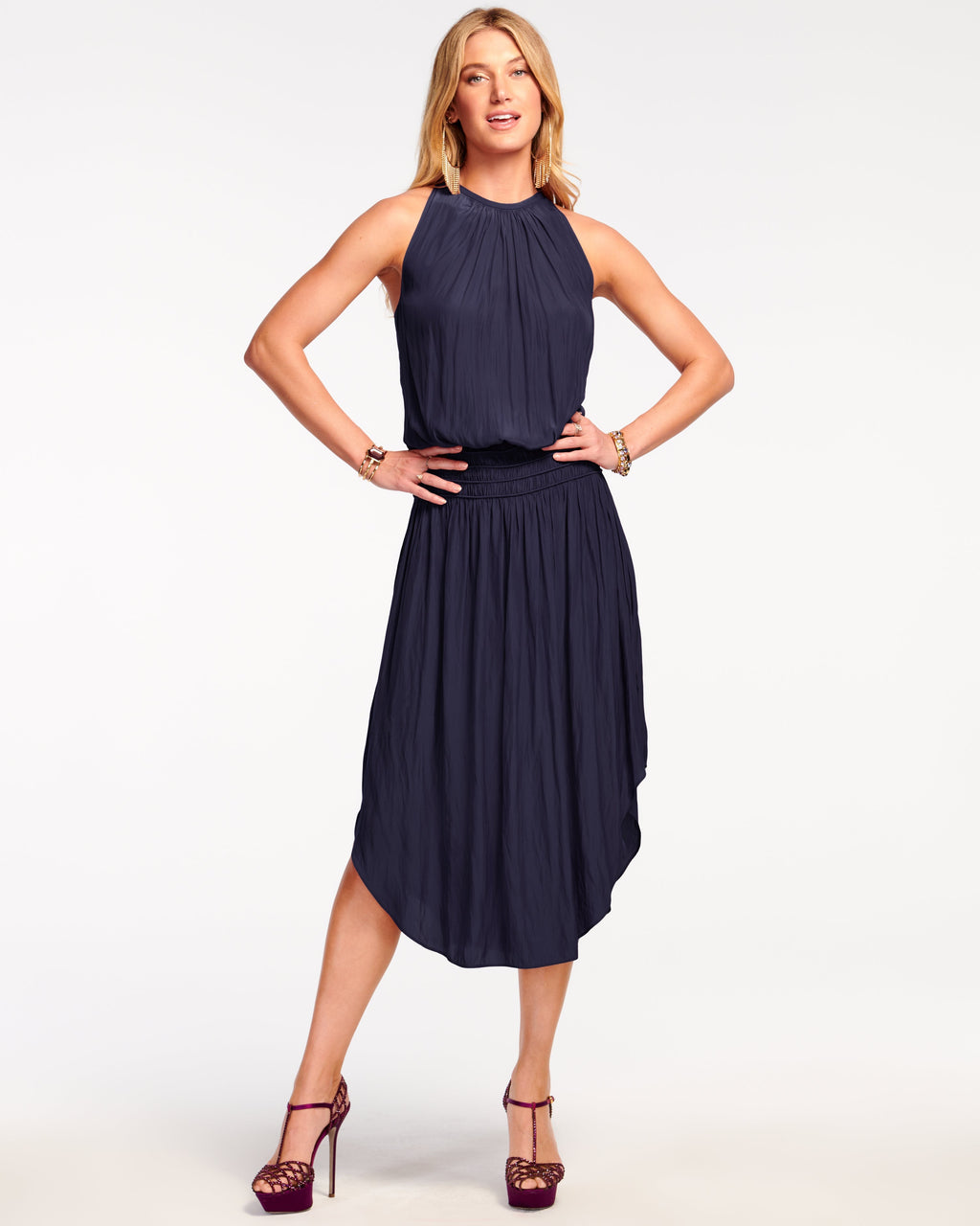 High-Waist Crepe Midi Dress
