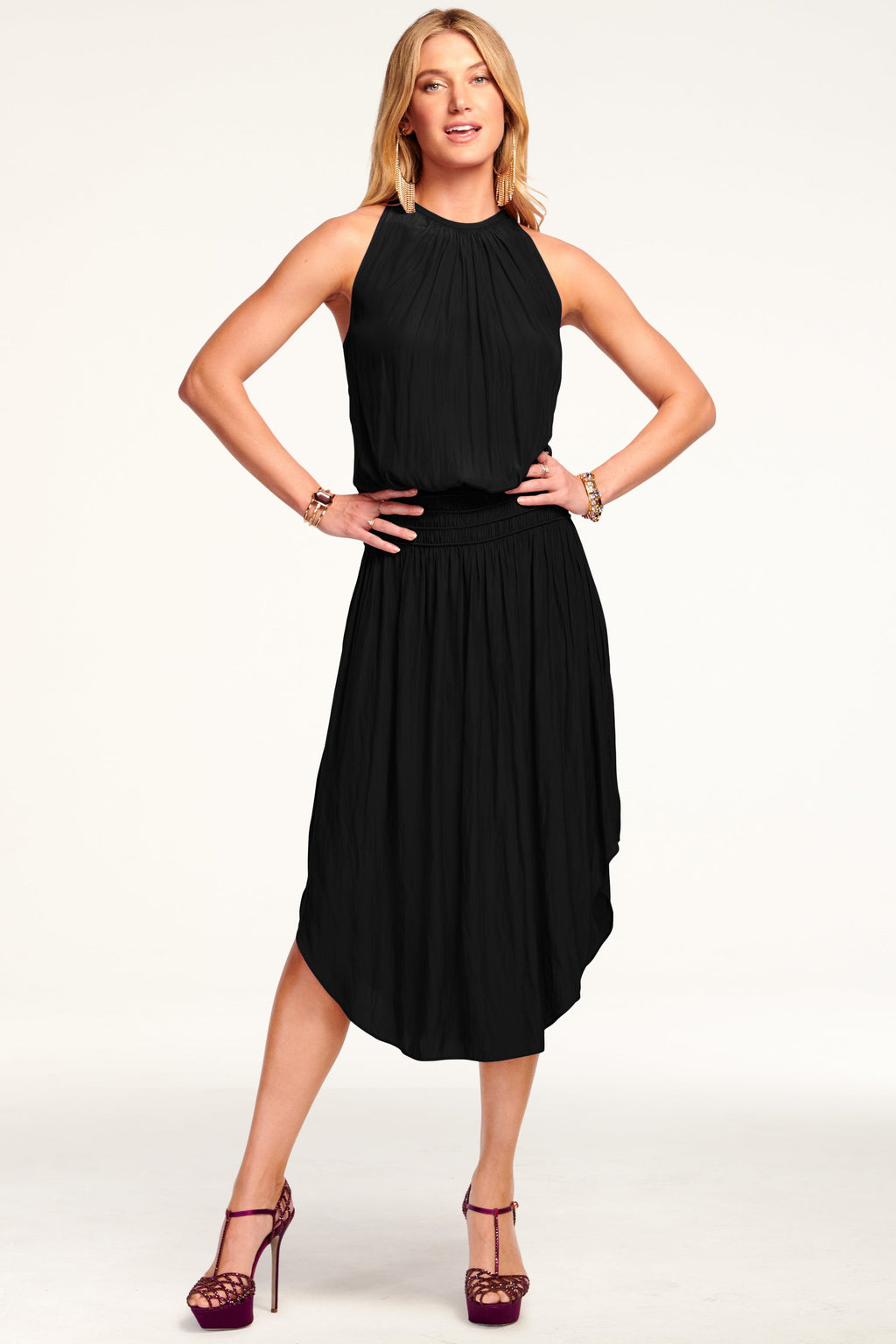 High-Waist Crepe Midi Dress