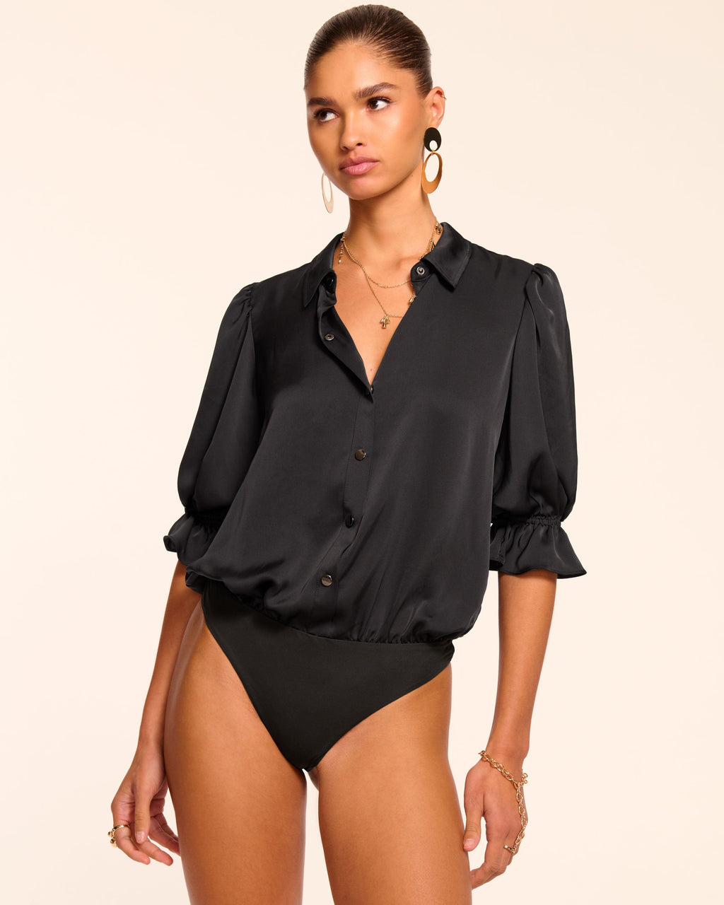 High Collar Satin Bodysuit for Date Night