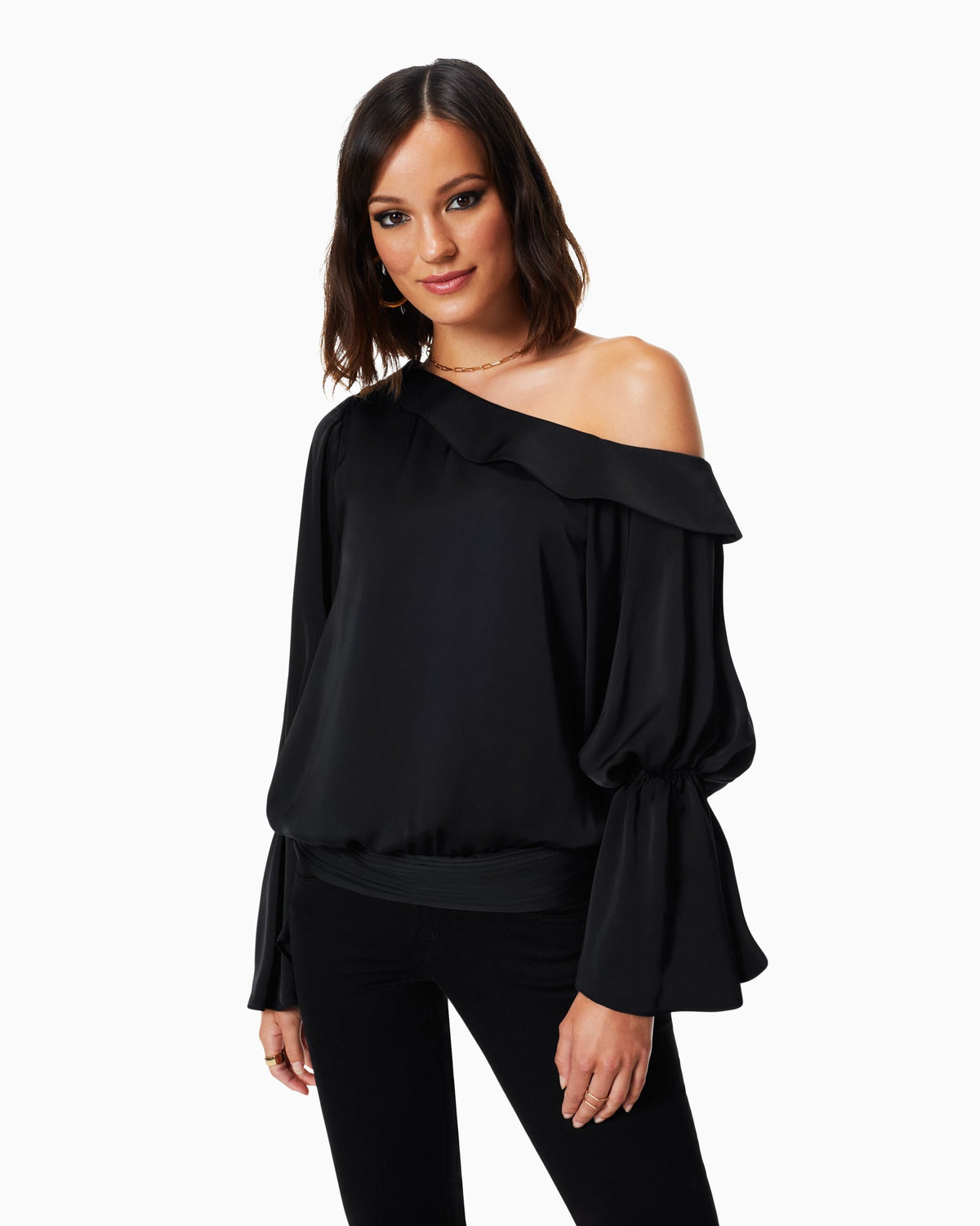 Luxe Satin Off-Shoulder Top with Billowing Sleeves