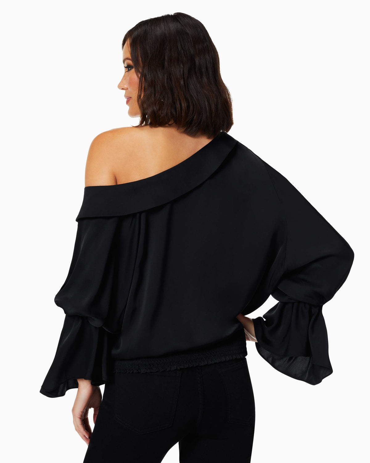Luxe Satin Off-Shoulder Top with Billowing Sleeves