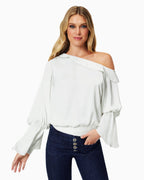 Luxe Satin Off-Shoulder Top with Billowing Sleeves