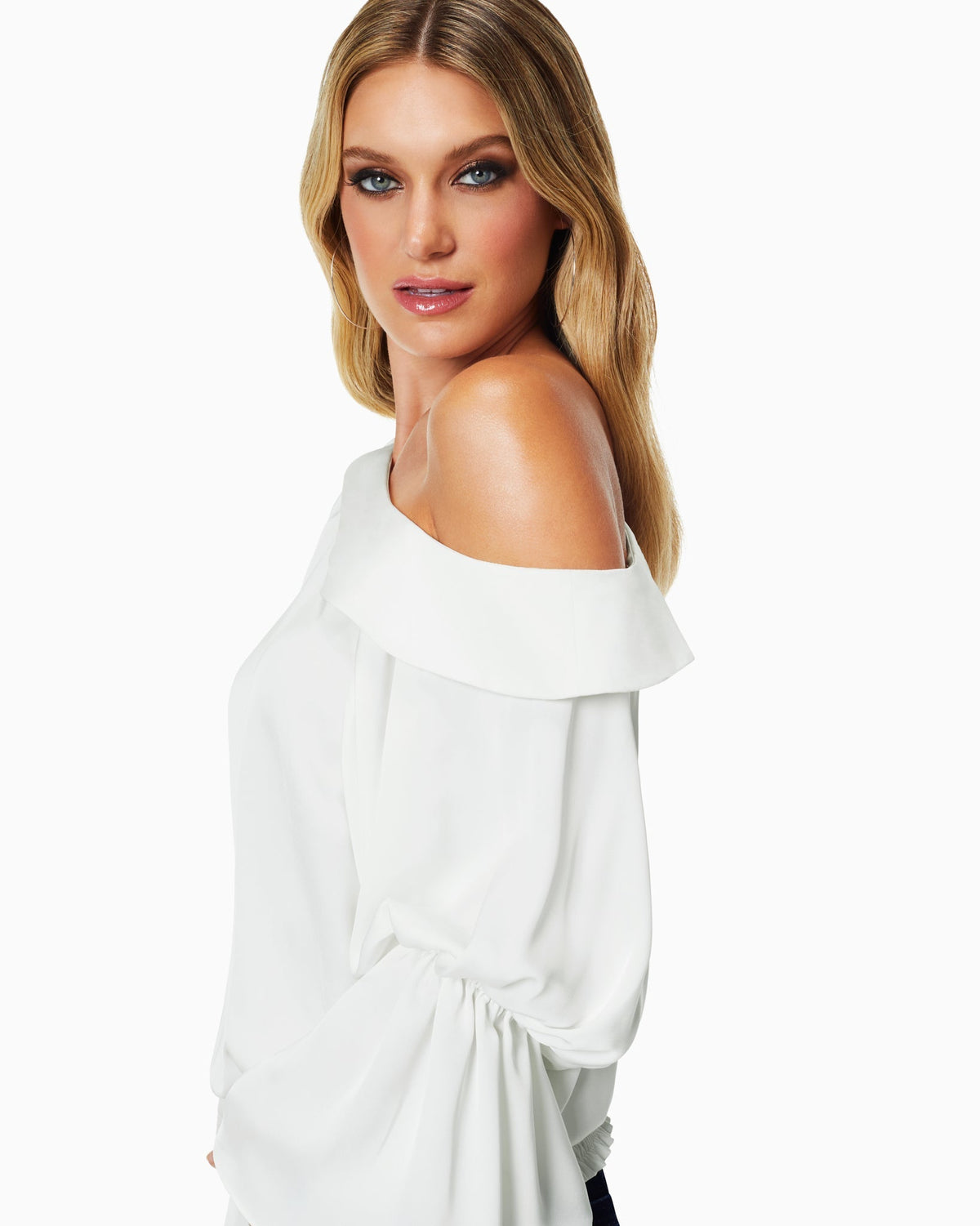 Luxe Satin Off-Shoulder Top with Billowing Sleeves