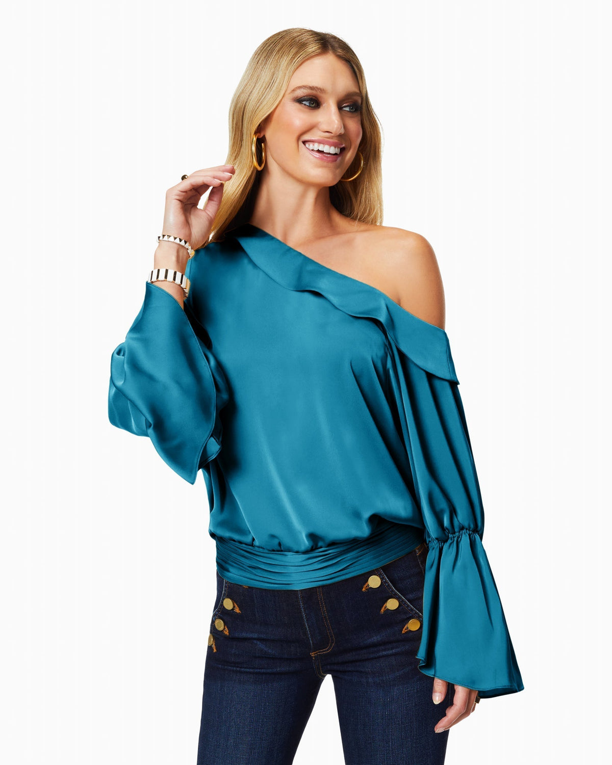 Luxe Satin Off-Shoulder Top with Billowing Sleeves