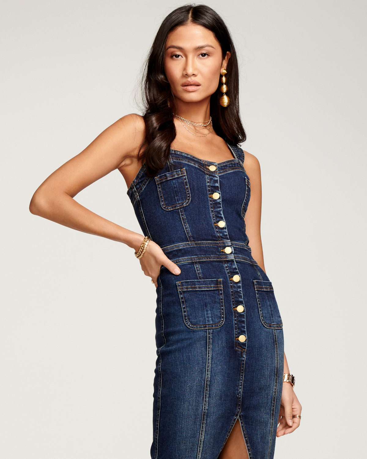 Classic Denim Center-Slit Midi Dress