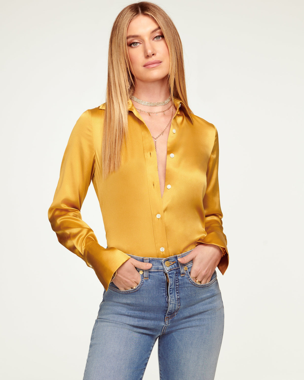 Elevated Silky Button-Up Blouse with Stretch