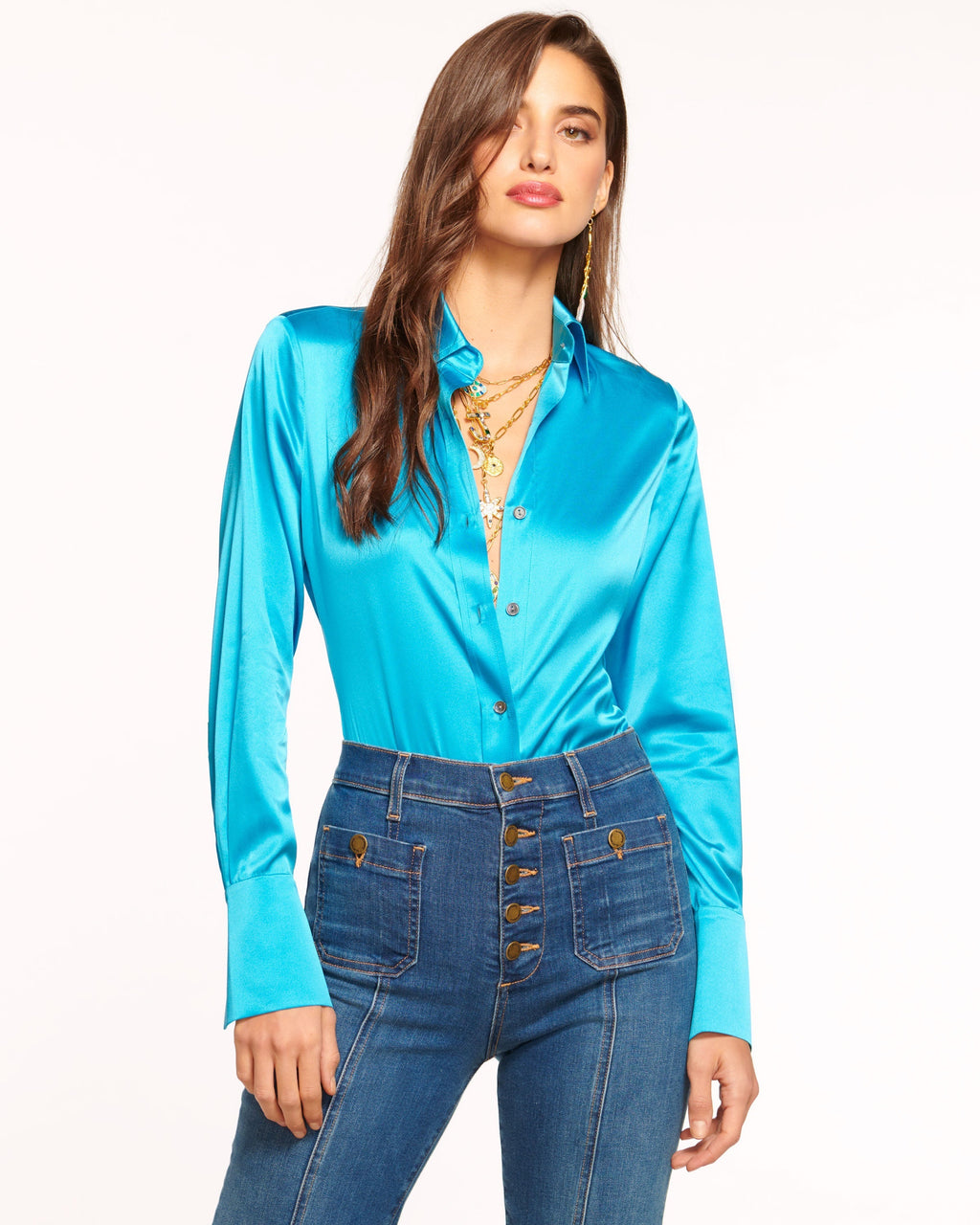 Elevated Silky Button-Up Blouse with Stretch