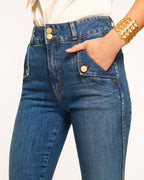 High-Wwaist Boot Leg Denim Jeans with Two-Button Waistline