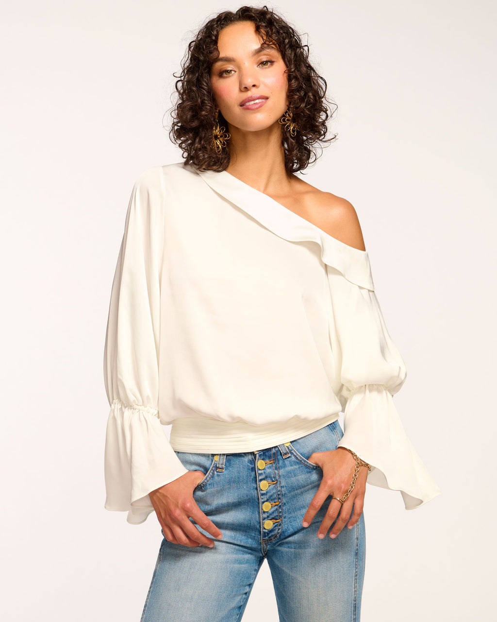 Luxe Satin Off-Shoulder Top with Billowing Sleeves