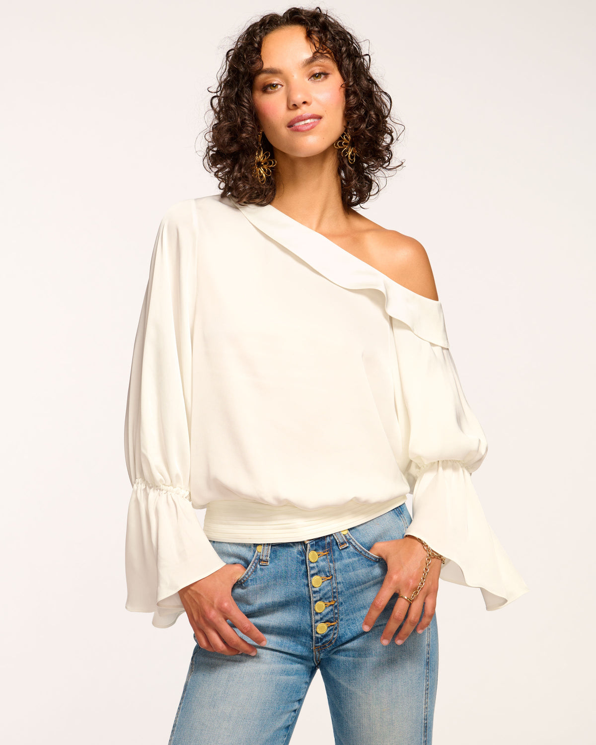 Luxe Satin Off-Shoulder Top with Billowing Sleeves