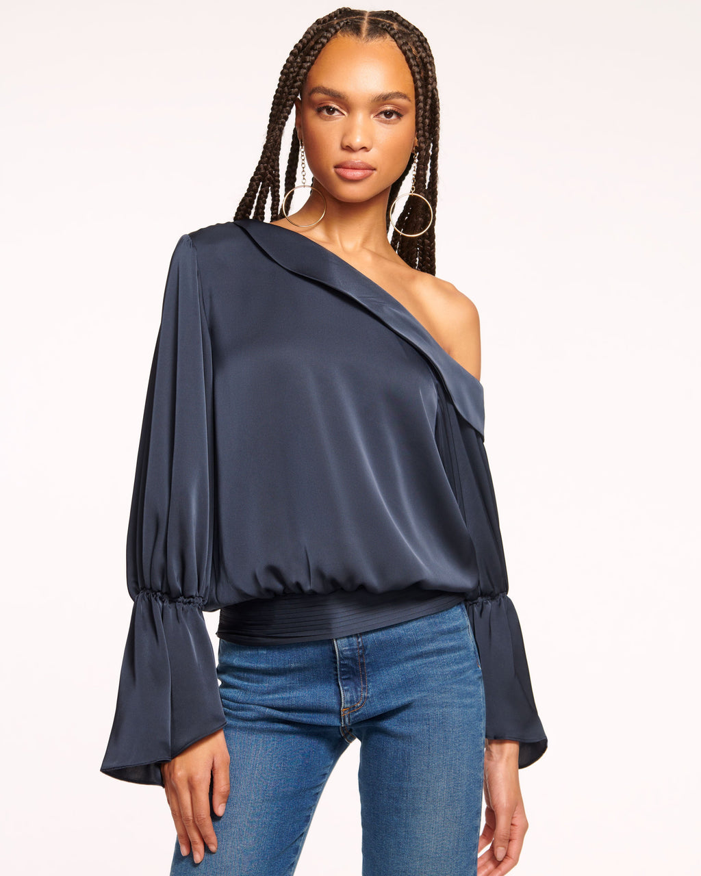 Luxe Satin Off-Shoulder Top with Billowing Sleeves
