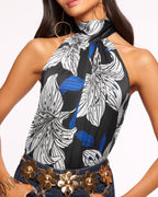 Simple High-Neck Bow Top with Keyhole Cutout