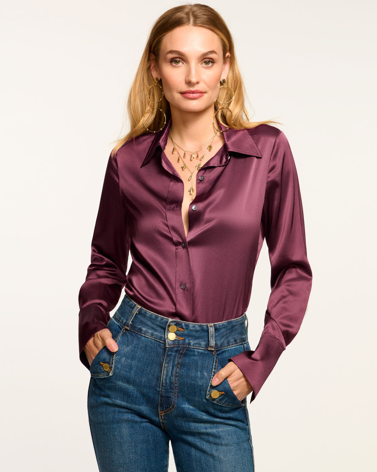Elevated Silky Button-Up Blouse with Stretch