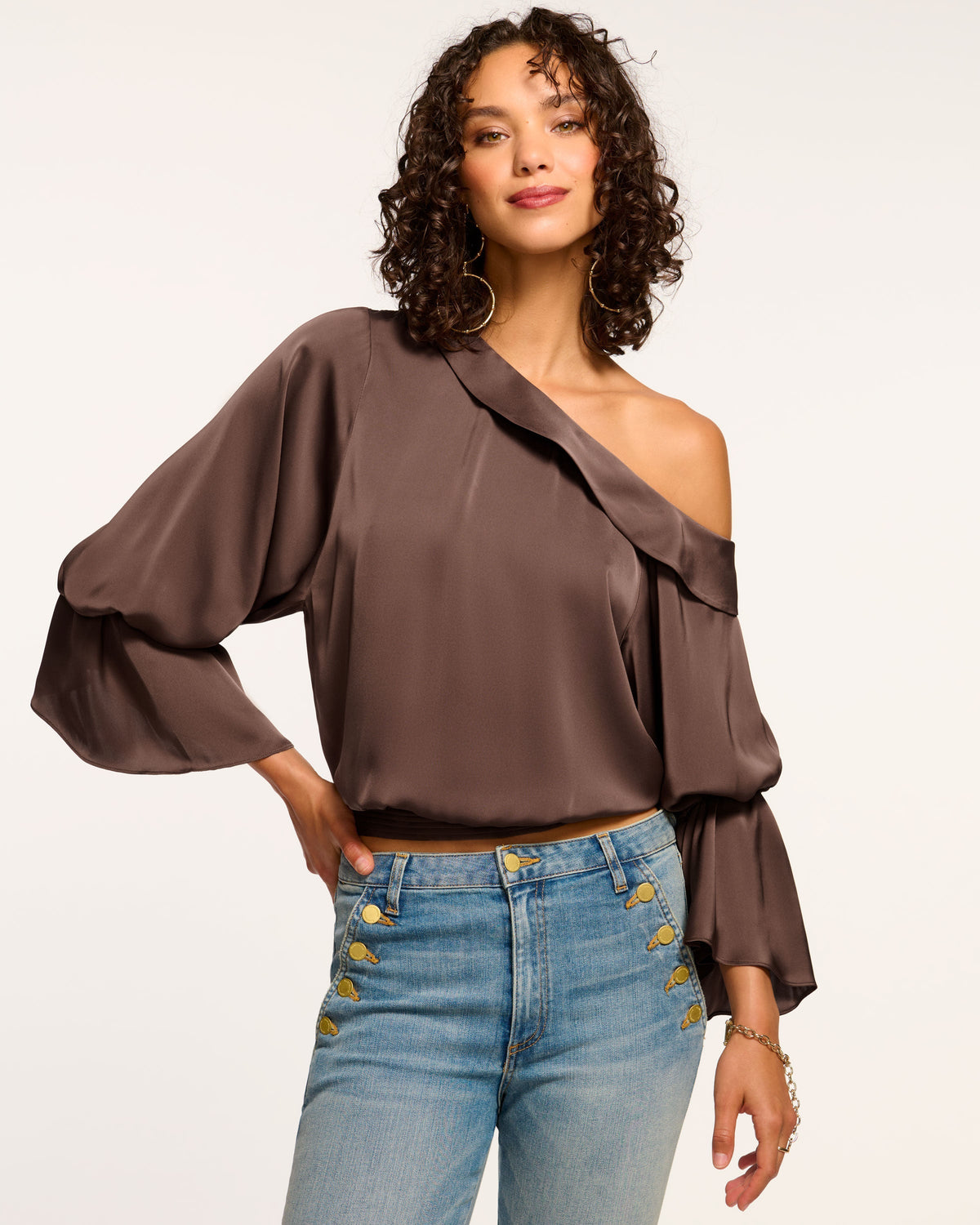 Luxe Satin Off-Shoulder Top with Billowing Sleeves
