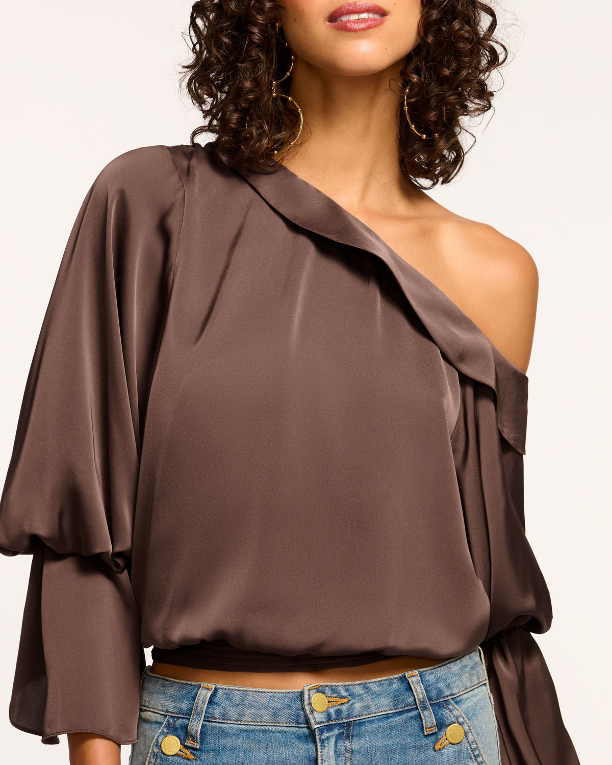 Luxe Satin Off-Shoulder Top with Billowing Sleeves