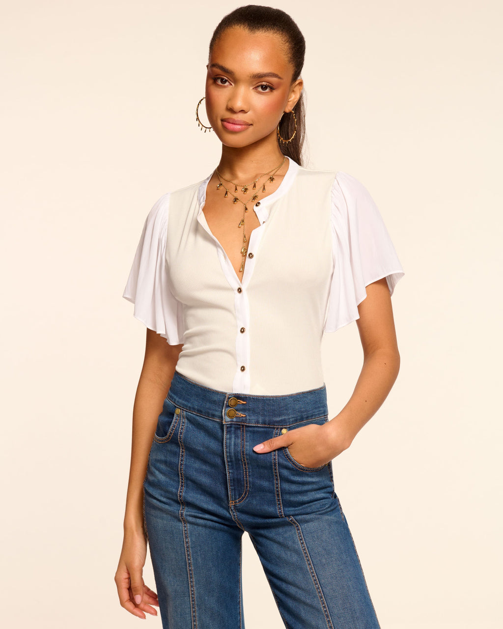 Delicate Flutter Sleeve Ribbed Knit Top