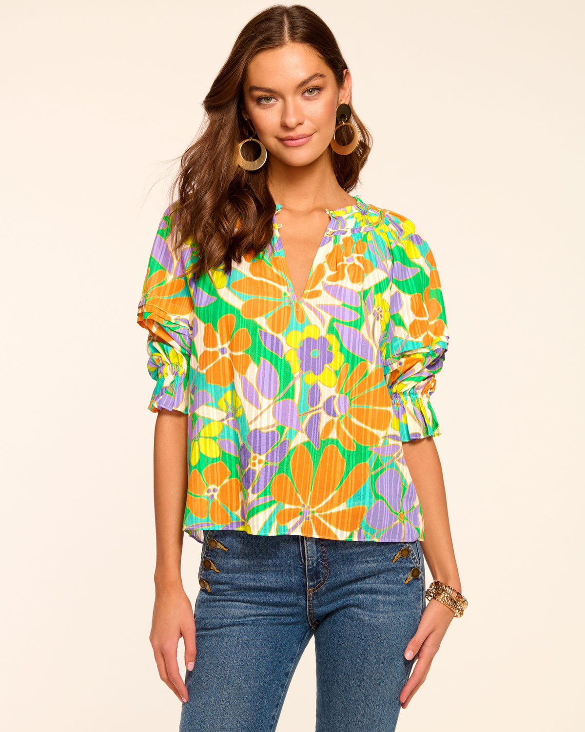 ‌Flattering V-Neck Top with Billowy Bohemian Sleeves