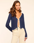 Navy Wave Cardigan with Crochet Trim