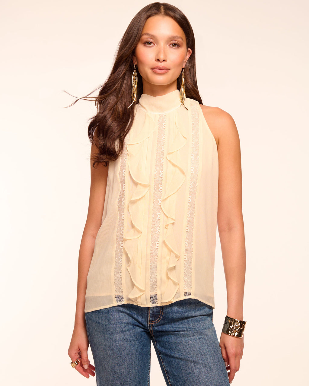‌Sleeveless Ruffle Mock Neck Top