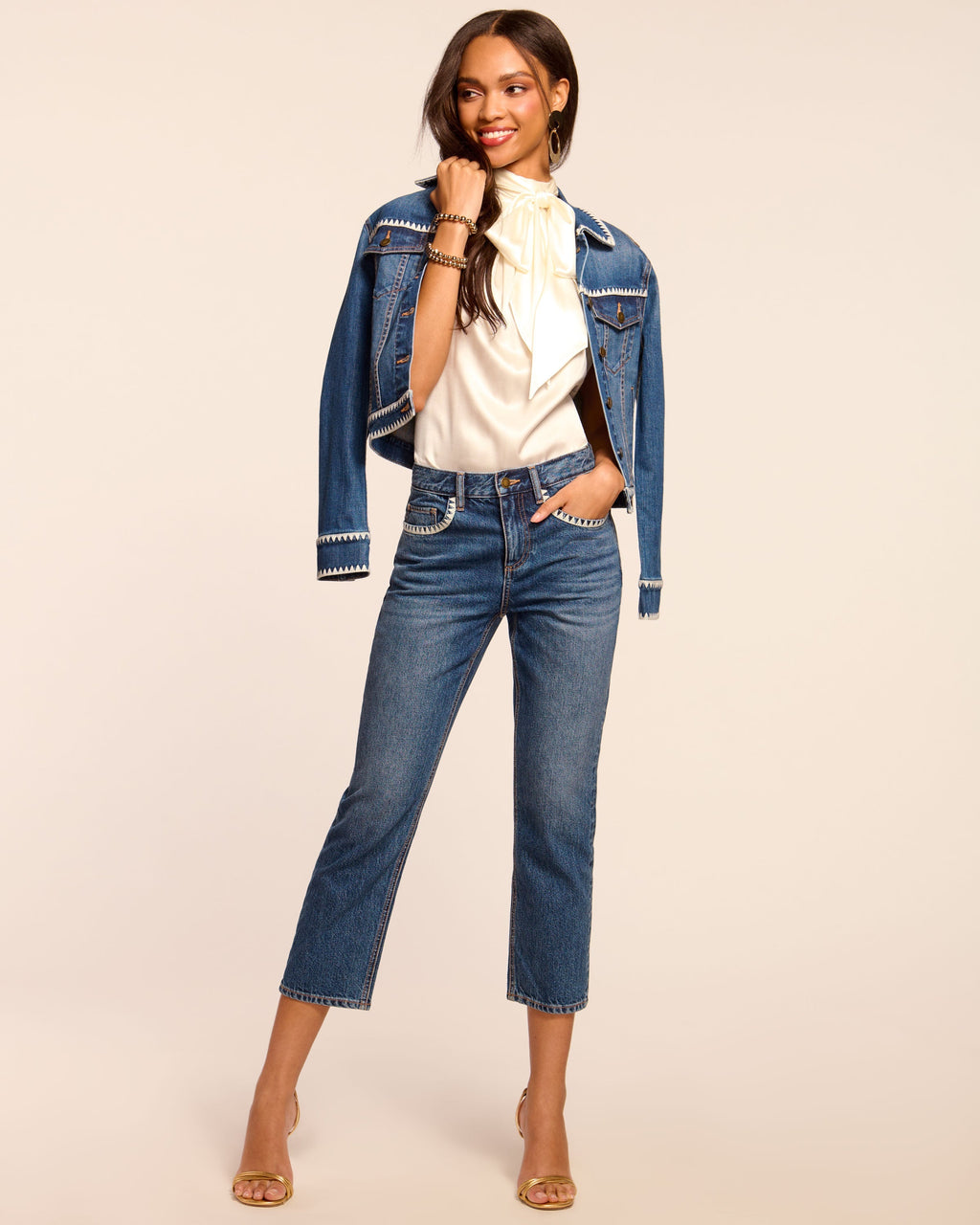 Relaxed Cropped Denim featuring White Crochet Pockets