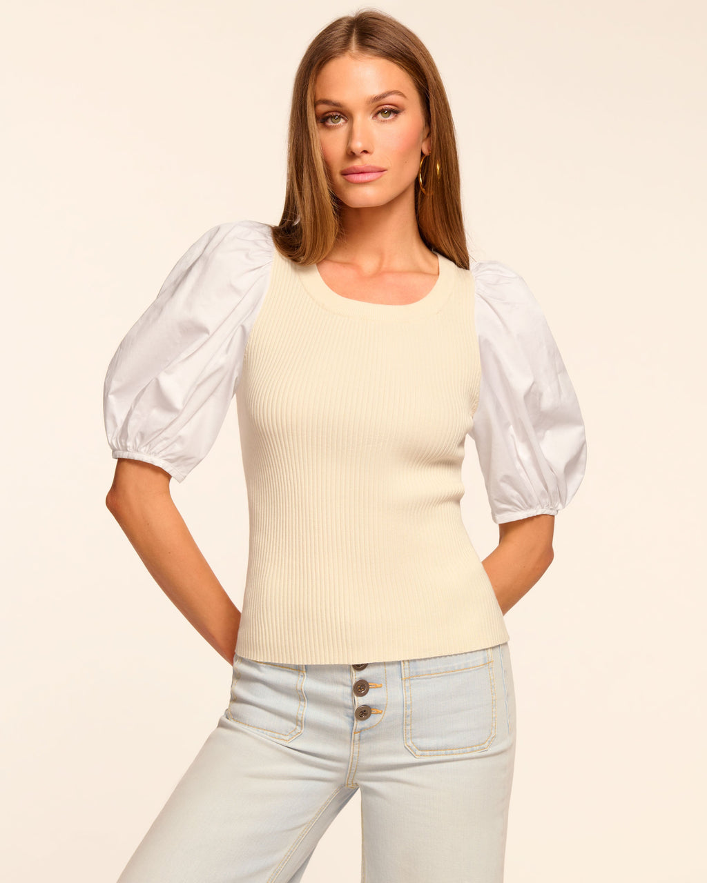 Poplin Puff Sleeve Knit Top