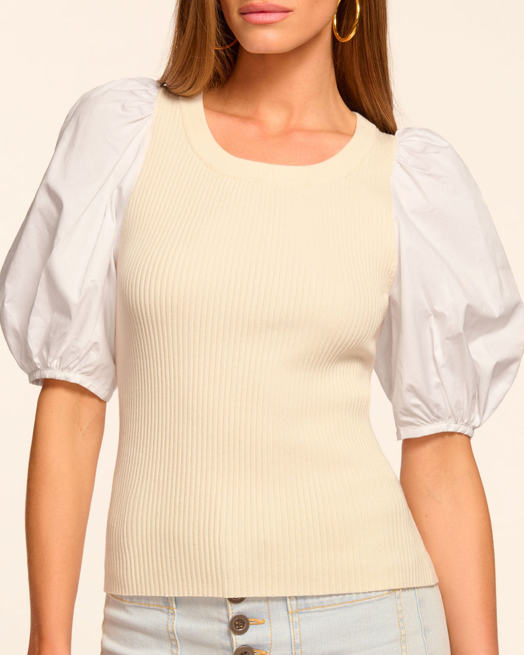Poplin Puff Sleeve Knit Top