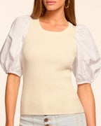 Poplin Puff Sleeve Knit Top