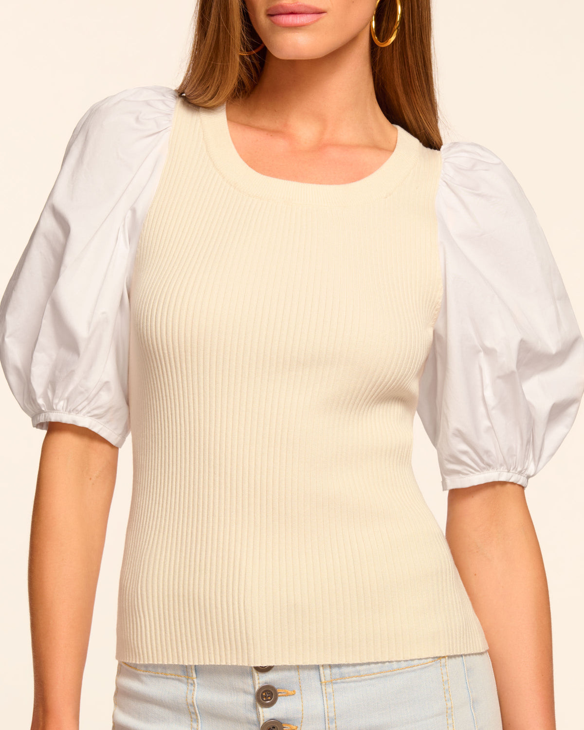 Poplin Puff Sleeve Knit Top