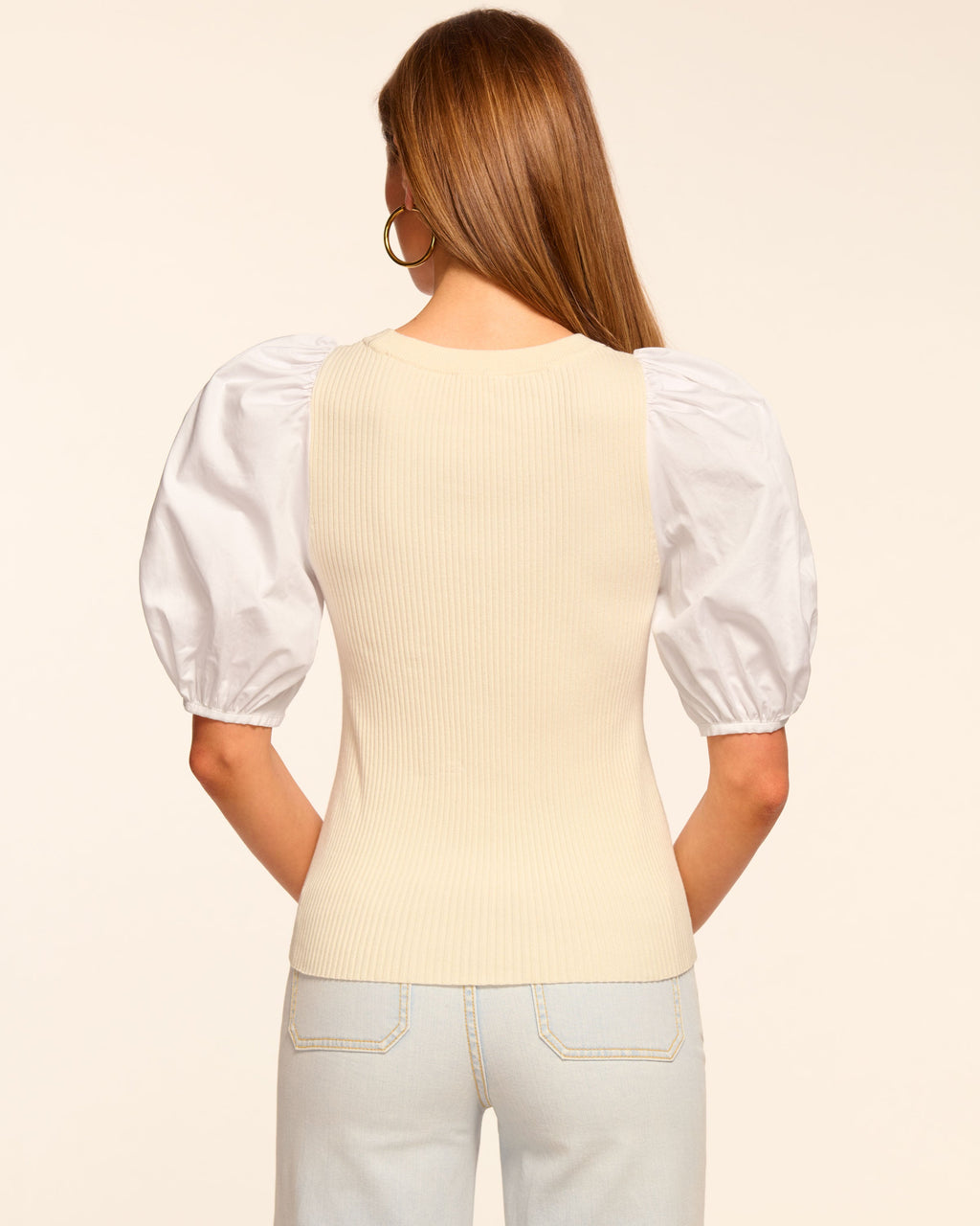 Poplin Puff Sleeve Knit Top