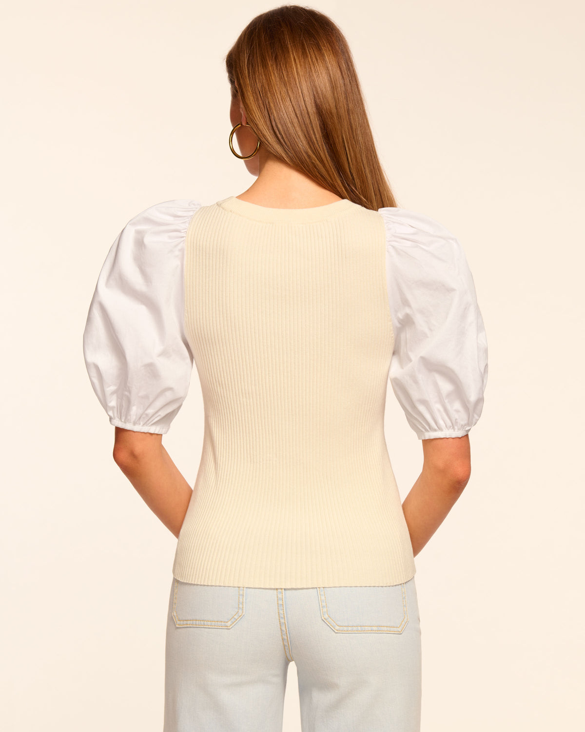 Poplin Puff Sleeve Knit Top