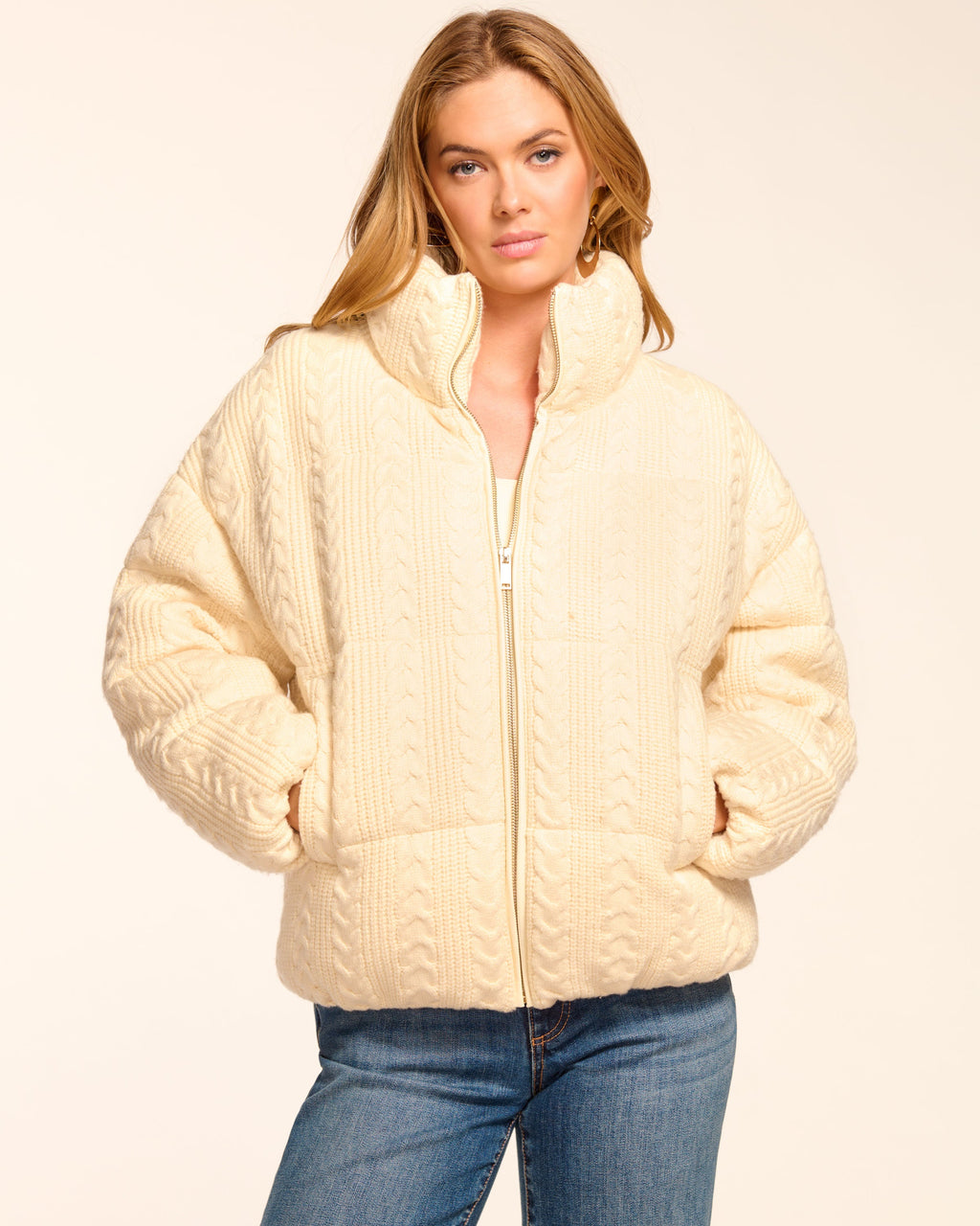 Textured Cable-Knit Puffer Coat for Layering