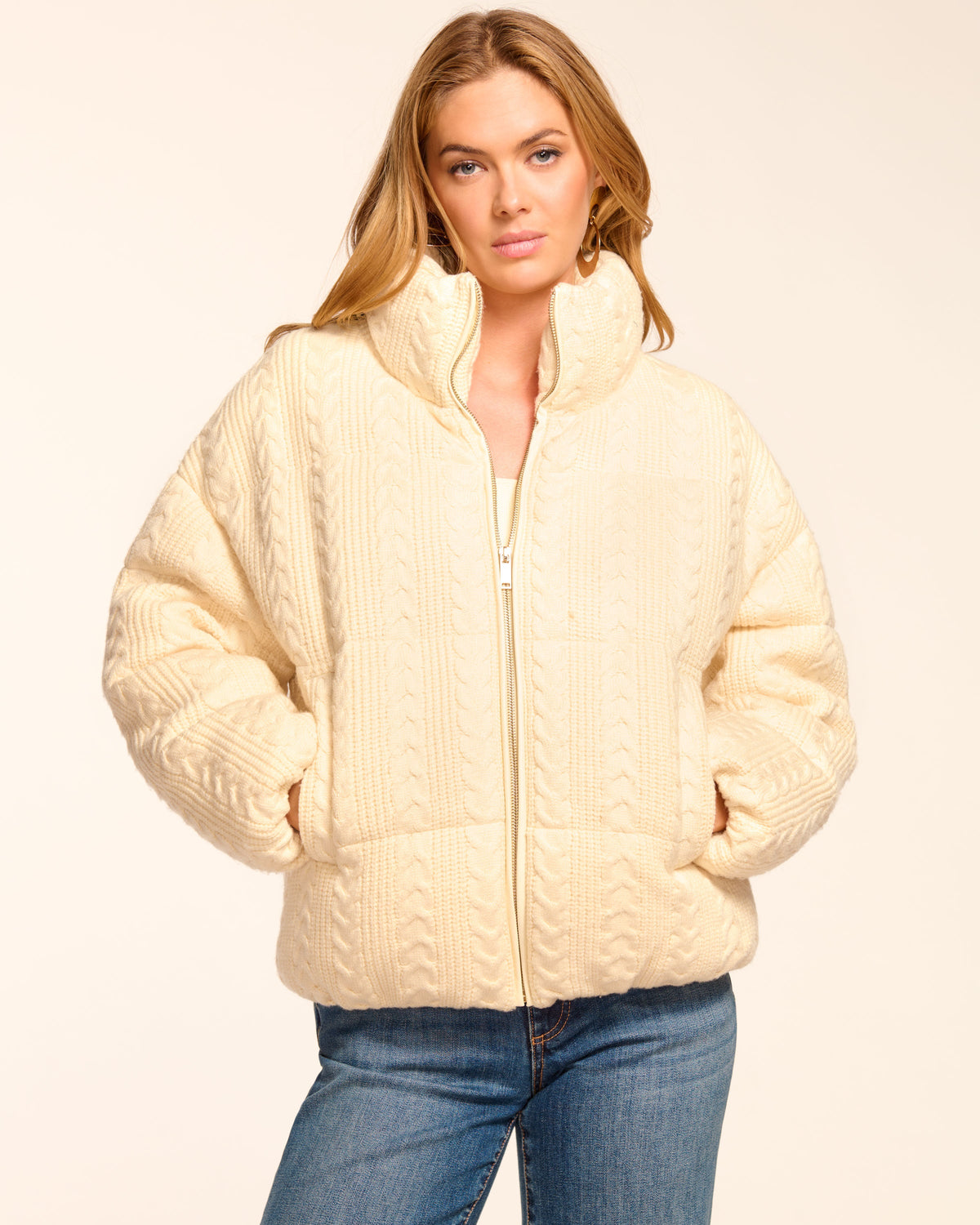 Textured Cable-Knit Puffer Coat for Layering