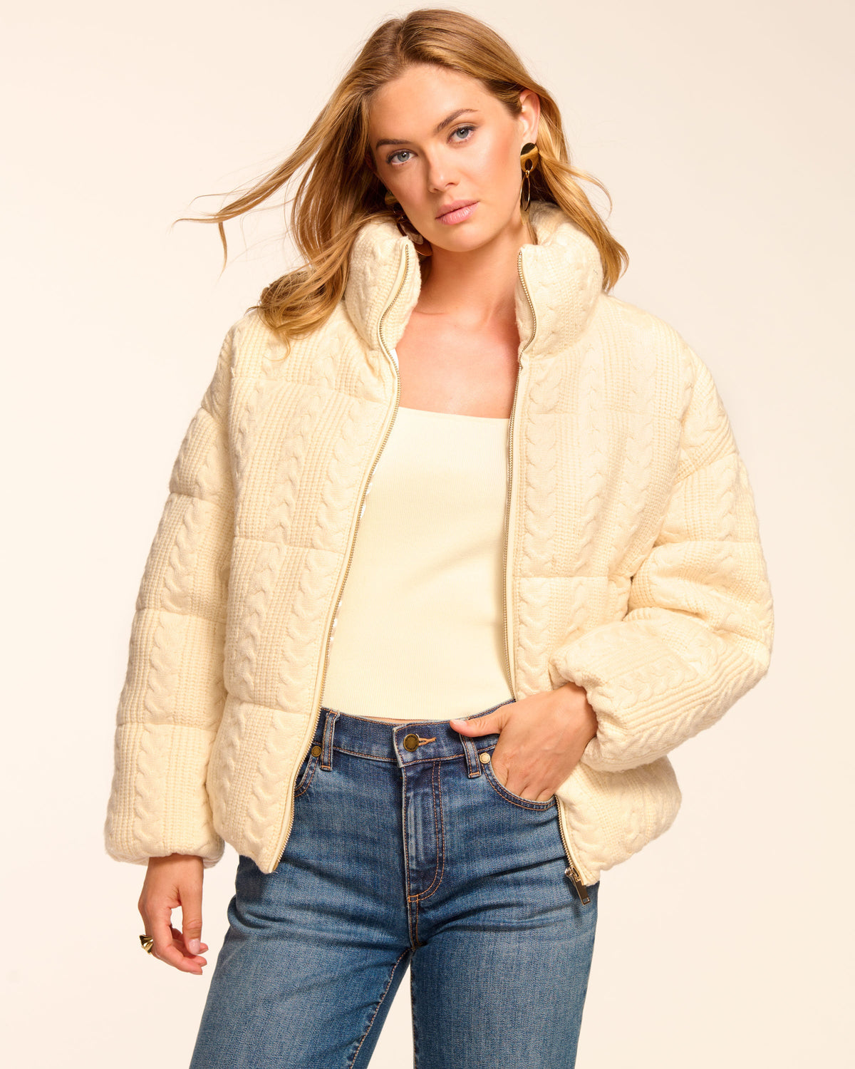 Textured Cable-Knit Puffer Coat for Layering