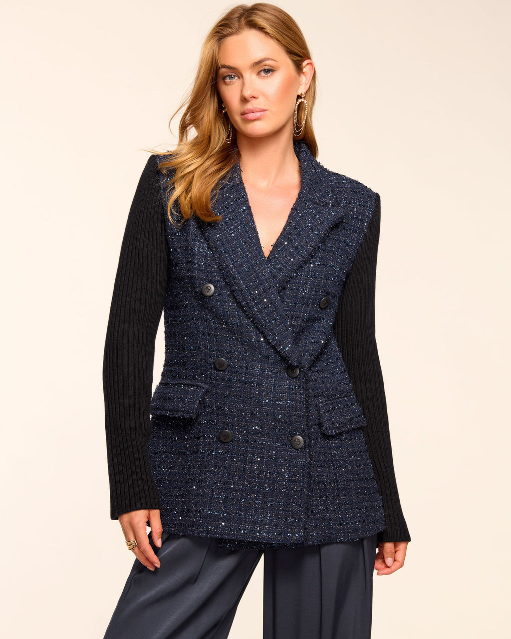Metallic Tweed Blazer with Contrast Knit Sleeve Details