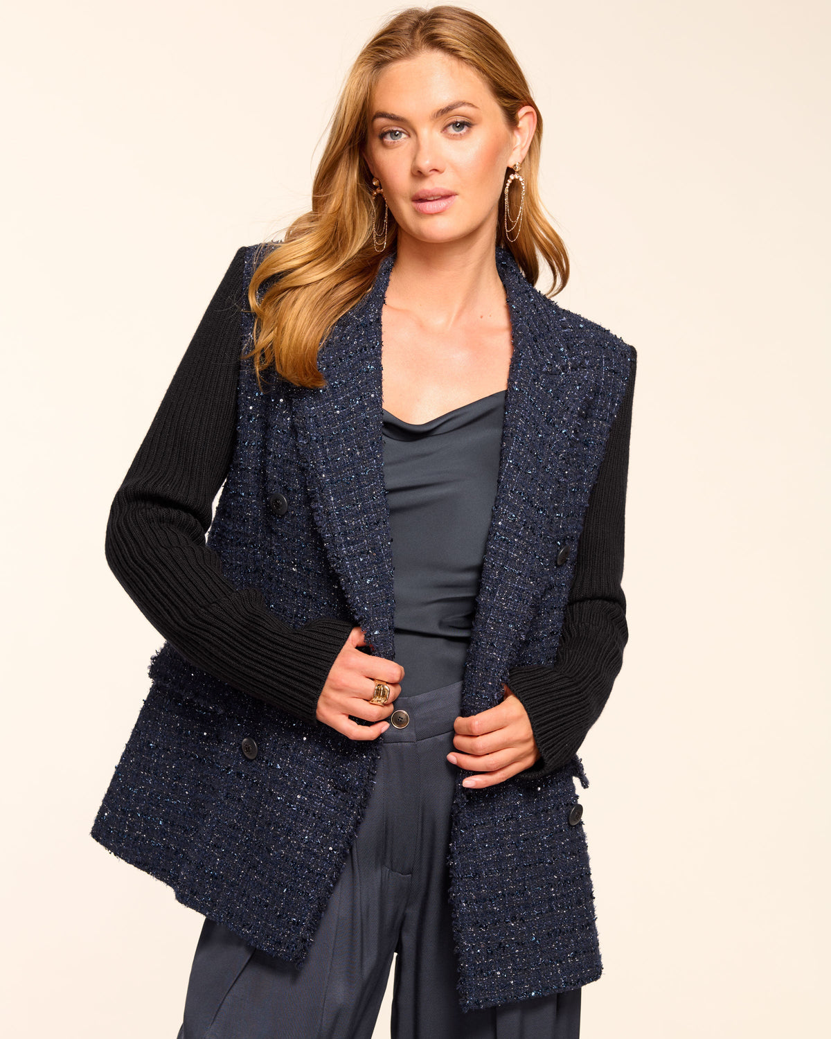 Metallic Tweed Blazer with Contrast Knit Sleeve Details