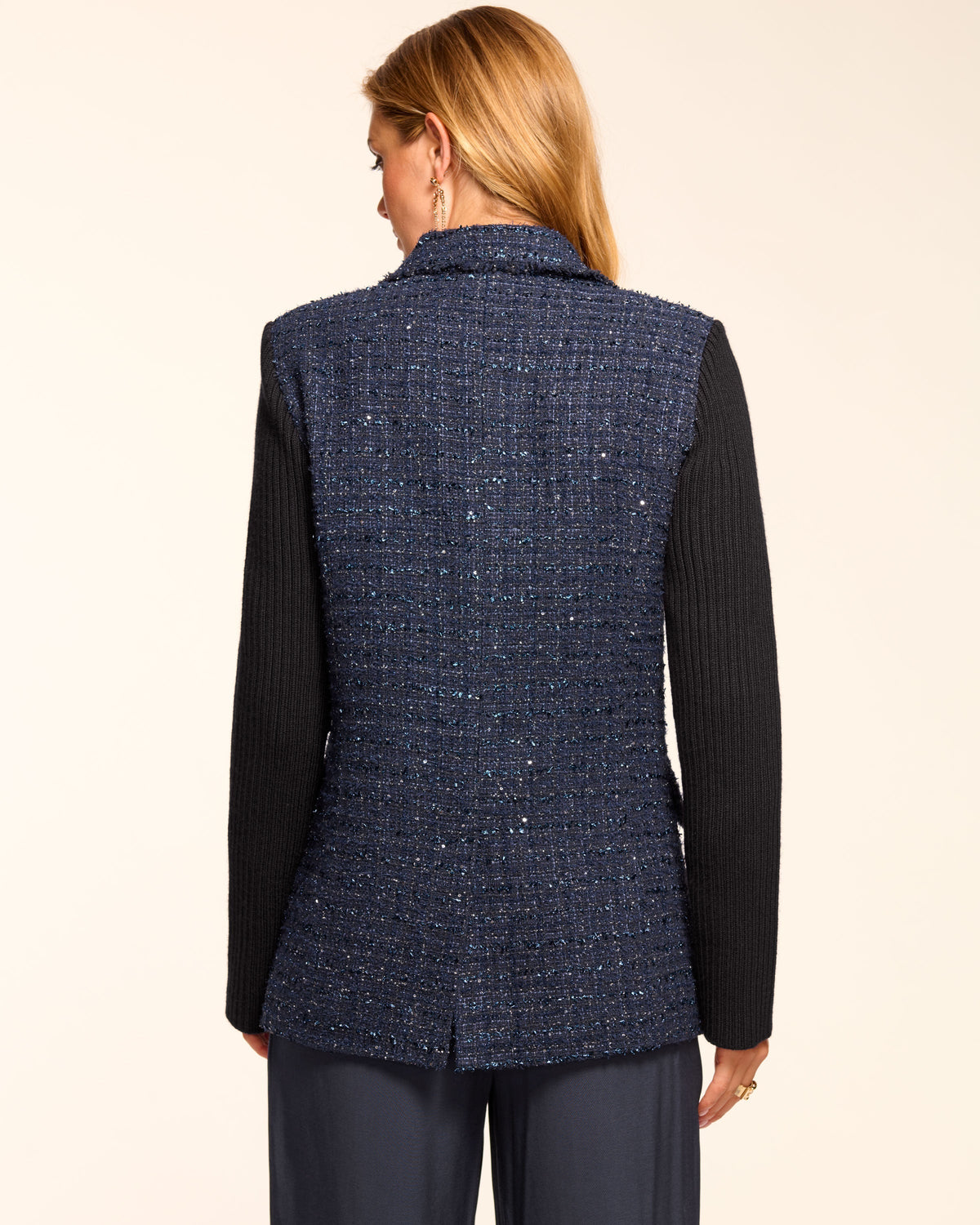 Metallic Tweed Blazer with Contrast Knit Sleeve Details