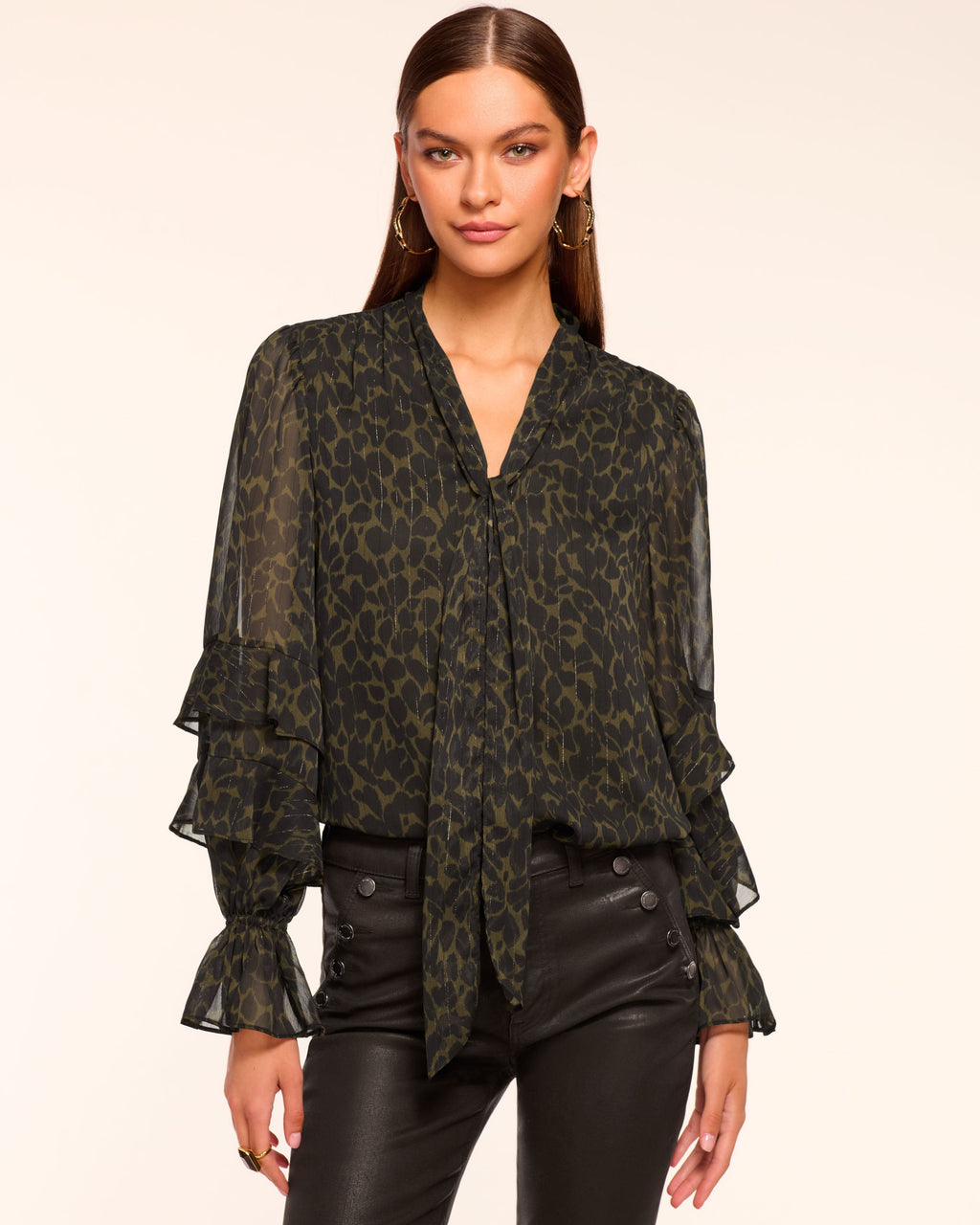 ‌Foliage Print Sheer Ruffle Blouse
