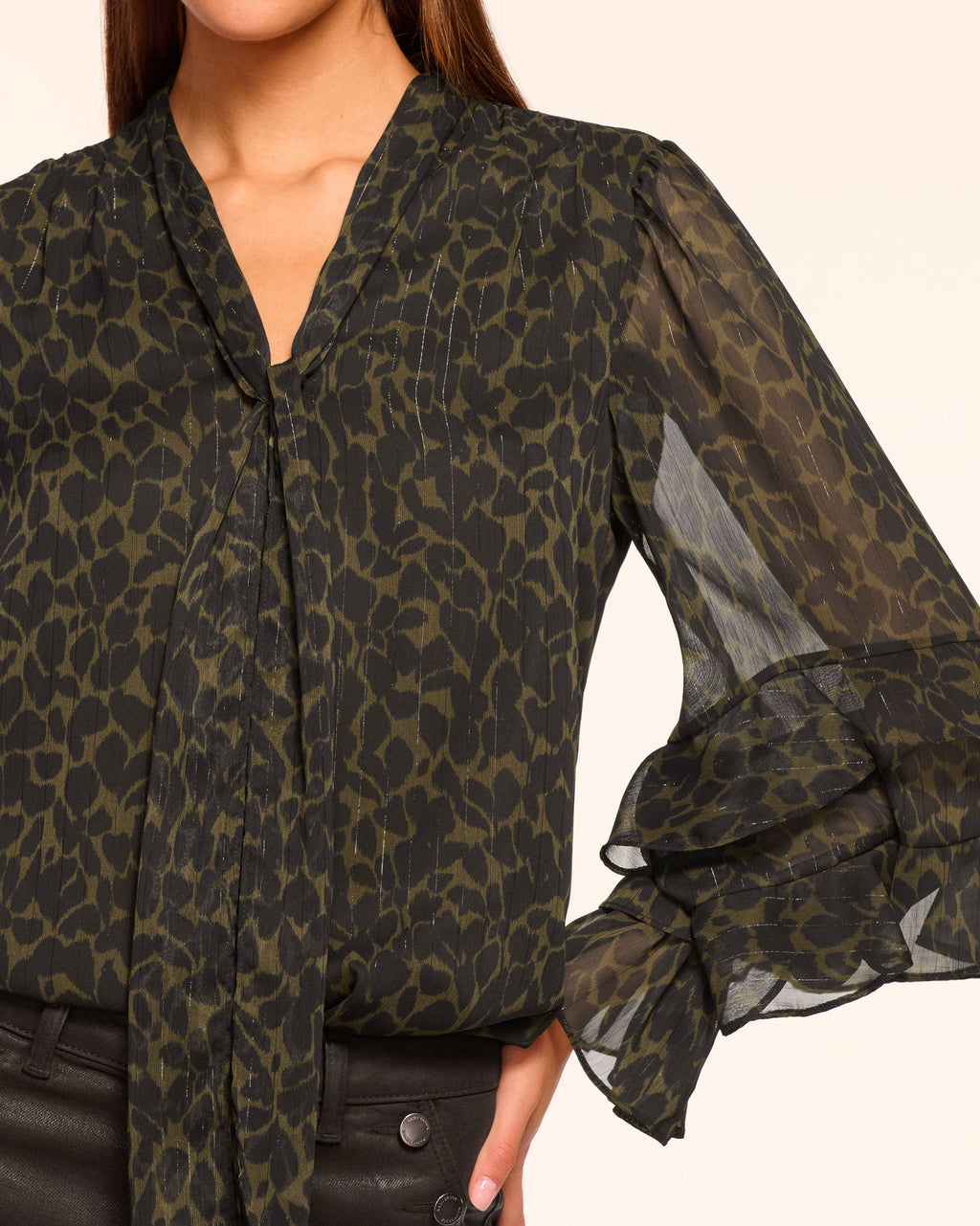 ‌Foliage Print Sheer Ruffle Blouse