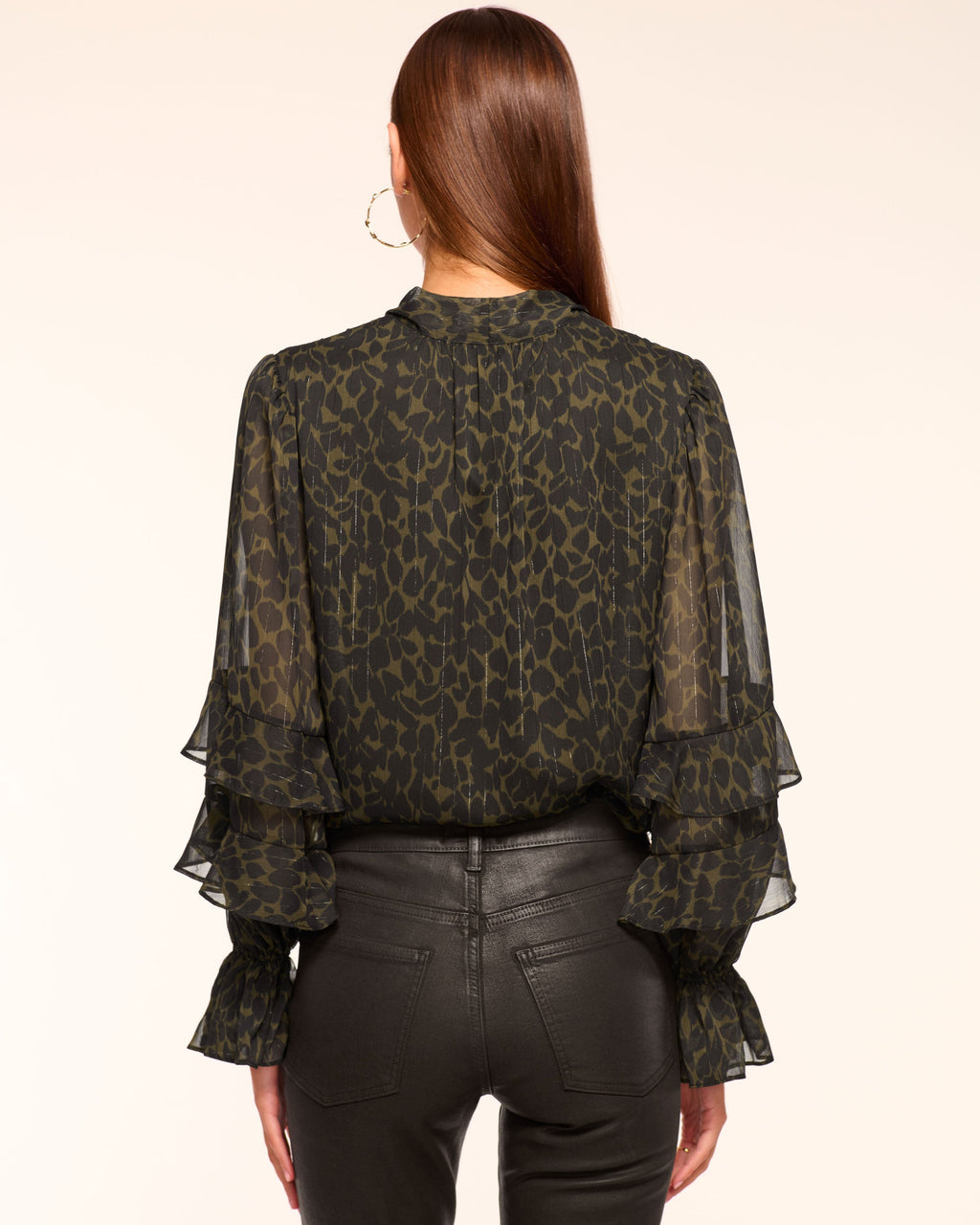 ‌Foliage Print Sheer Ruffle Blouse