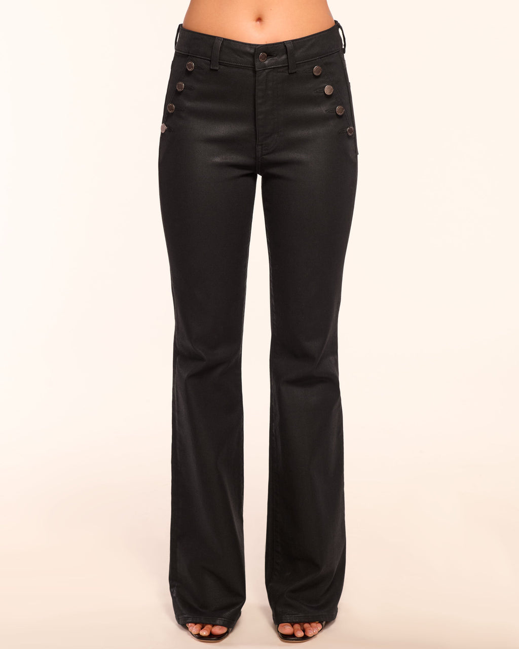 Edgy Glossy Denim Flares for Day-to-Night Glam