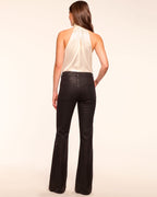 Edgy Glossy Denim Flares for Day-to-Night Glam