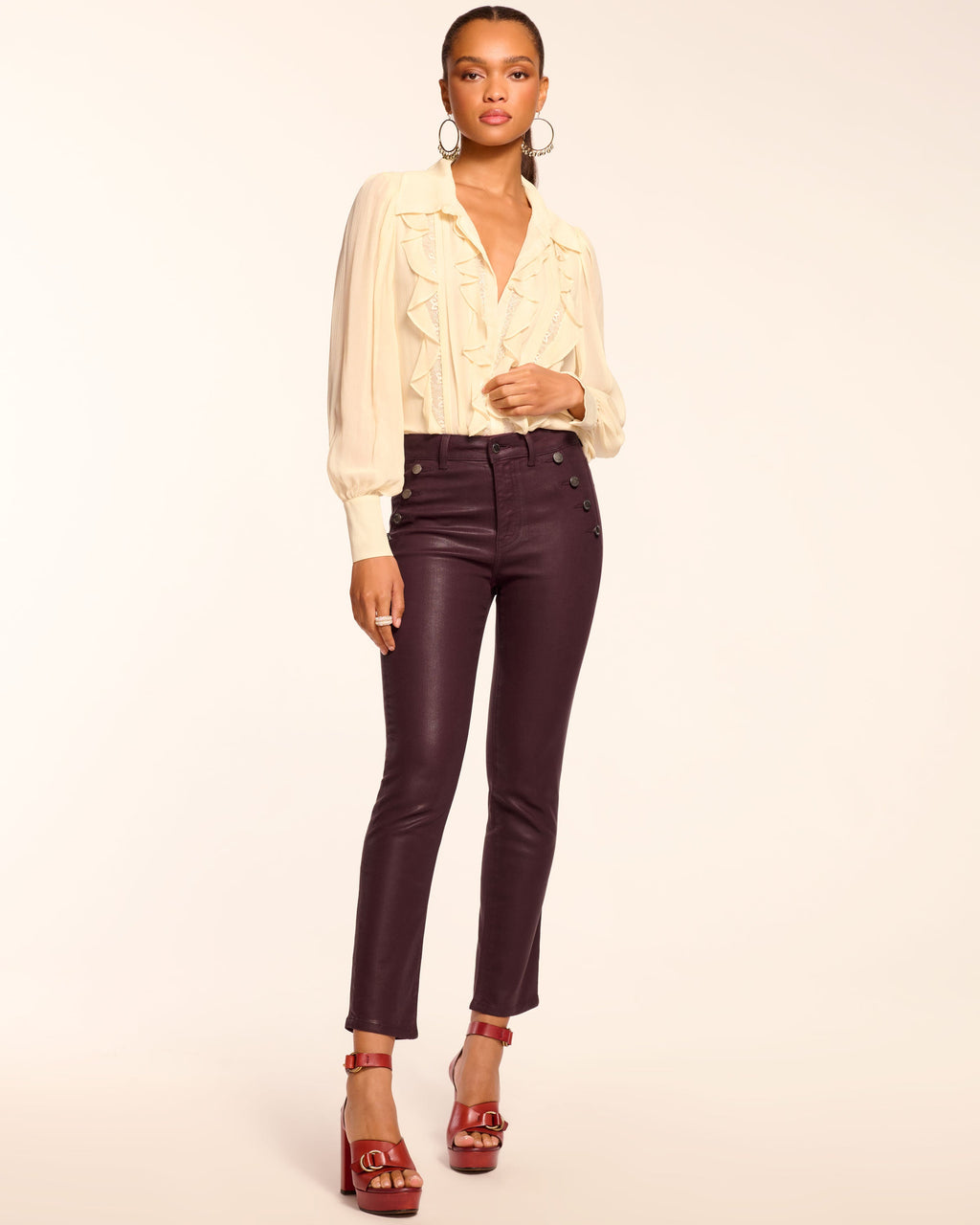 Figure-Hugging Coated Denim with Sleek Shine