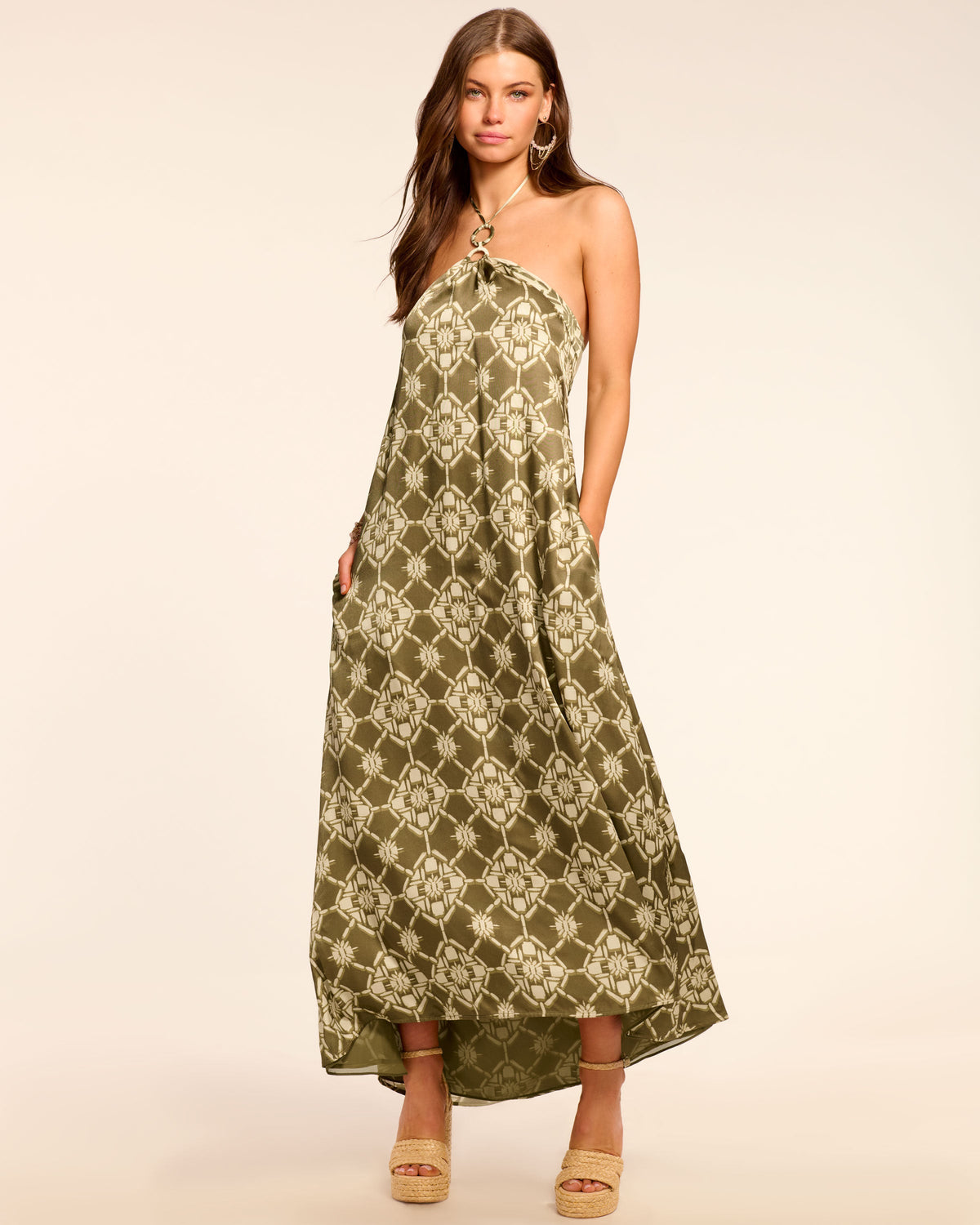 Halter Open Back Olive Maxi Dress